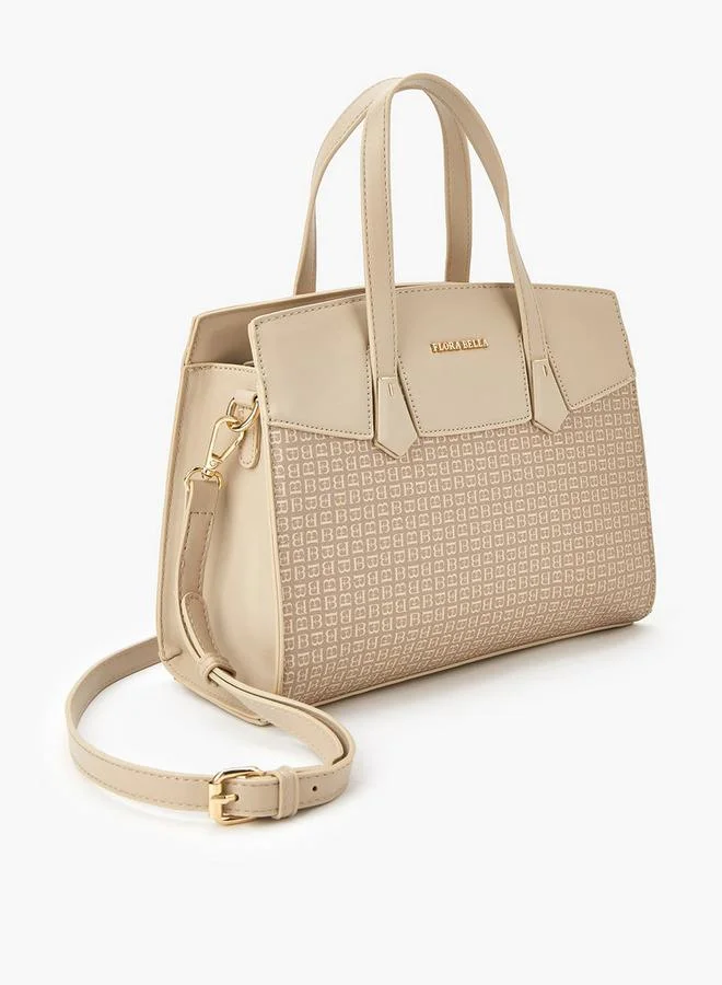 Flora Bella By Shoexpress BEIGE Monogram Print Tote Bag with Double Handle and Zip Closure for Women | Best Price UAE