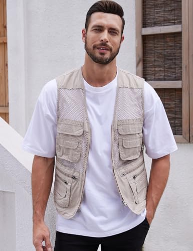 Gihuo Men's Mesh Multi Pockets Outdoor Fishing Safari Travel Vest(Beige 02-S) - Image 3