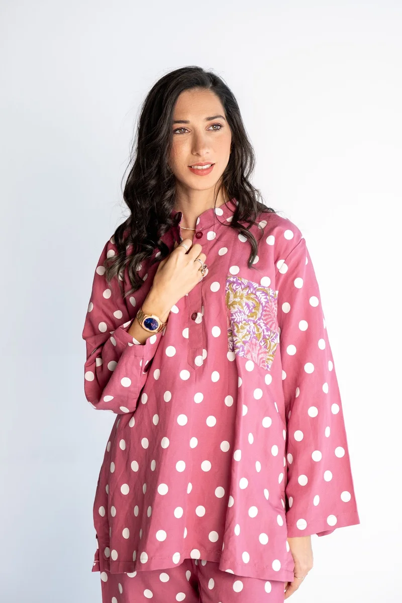 عباءات ريم Pink Polka Dot with Block Print Pocket Set