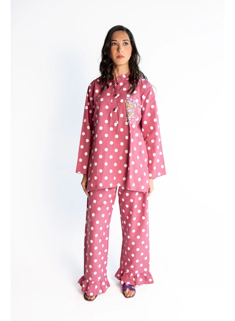Reem Abayas Pink Polka Dot with Block Print Pocket Set