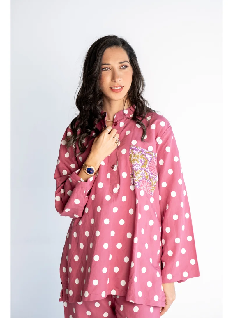 Reem Abayas Pink Polka Dot with Block Print Pocket Set