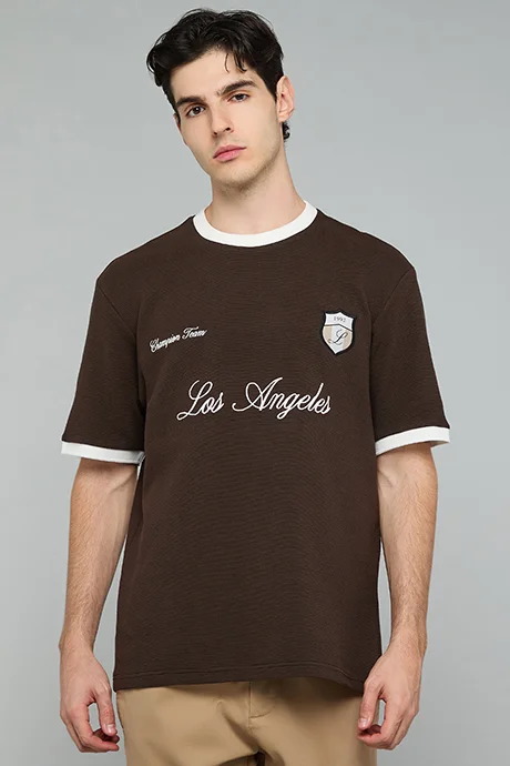 أر أند بي Typography Print T-Shirt with Crew Neck and Short Sleeves