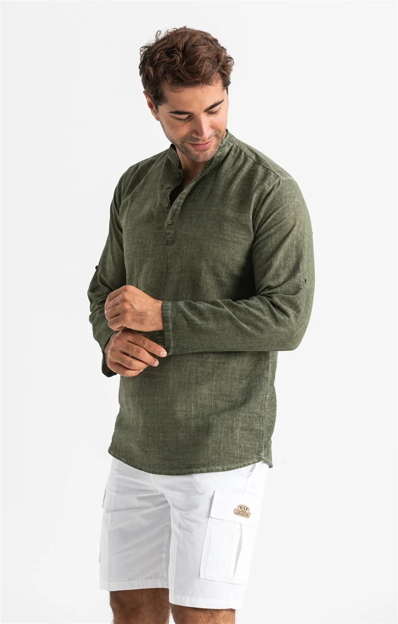 اليش شيل بيزي Long Sleeve Şile Cloth Bodrum Men's T-Shirt Khaki 9008