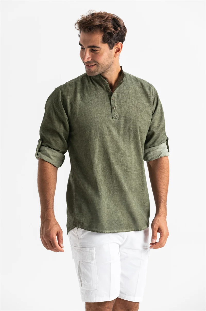 اليش شيل بيزي Long Sleeve Şile Cloth Bodrum Men's T-Shirt Khaki 9008