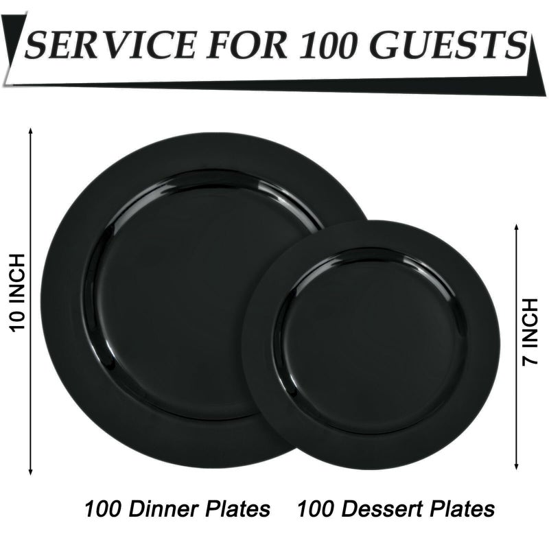 FLOWERCAT 200PCS Black Plastic Disposable Plates for Party - Black Plastic Plates - Serve for 100 Guests for New Year Parties and Birthday Events - Image 2