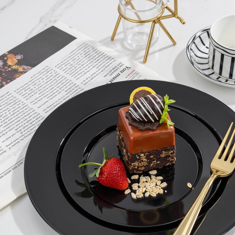 FLOWERCAT 200PCS Black Plastic Disposable Plates for Party - Black Plastic Plates - Serve for 100 Guests for New Year Parties and Birthday Events - Image 5