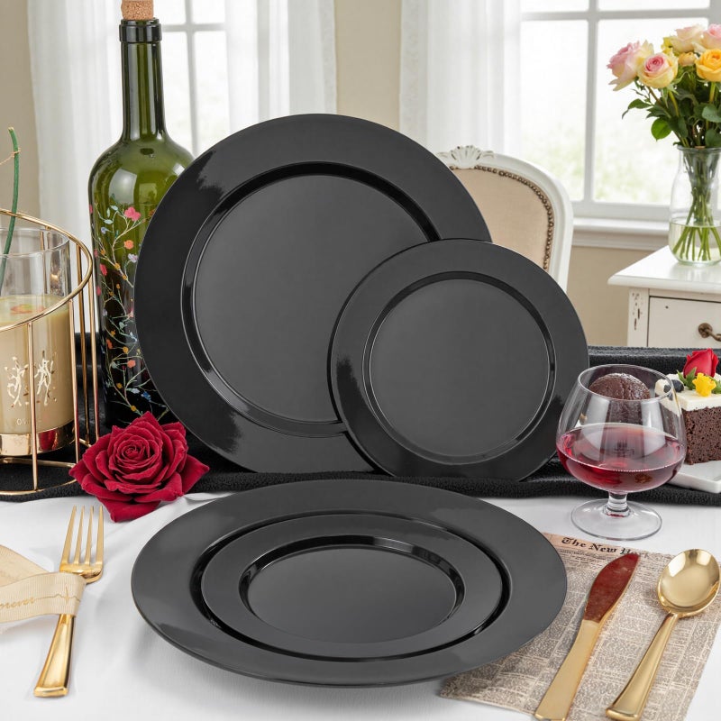 FLOWERCAT 200PCS Black Plastic Disposable Plates for Party - Black Plastic Plates - Serve for 100 Guests for New Year Parties and Birthday Events - Image 4