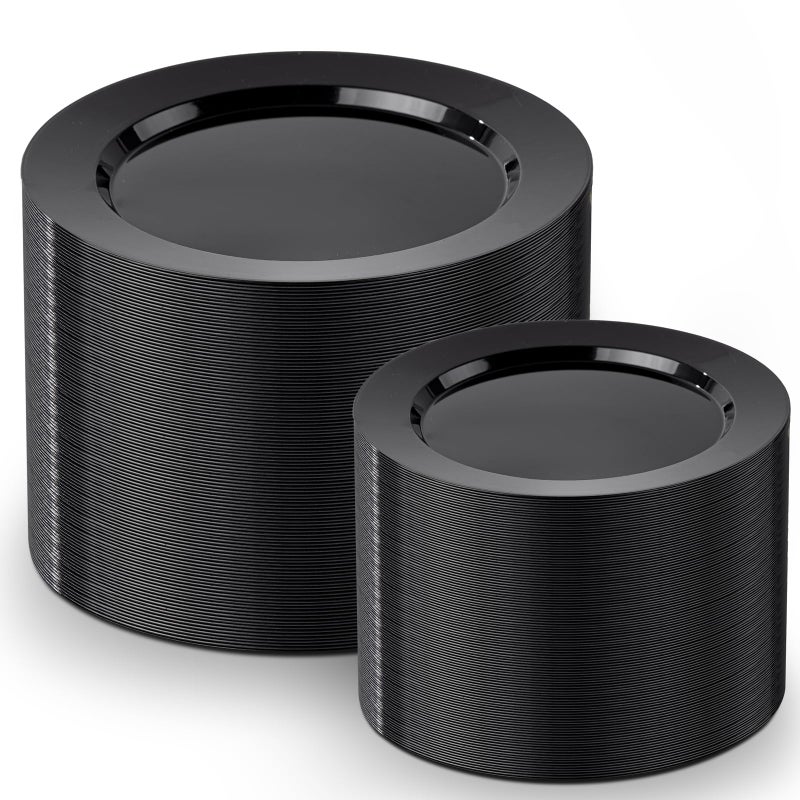 FLOWERCAT 200PCS Black Plastic Disposable Plates for Party - Black Plastic Plates - Serve for 100 Guests for New Year Parties and Birthday Events - Image 1