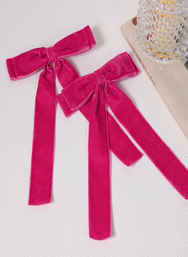 Miroksh 5.5inch Hair Bow Velvet Hair Clip with Tails Hot Pink Velvet Ribbon Bow-Knot Decor Hair Barrettes for Girls Women Bride Wedding Valentines Birthday Party Dress Accessories Gift - Image 2