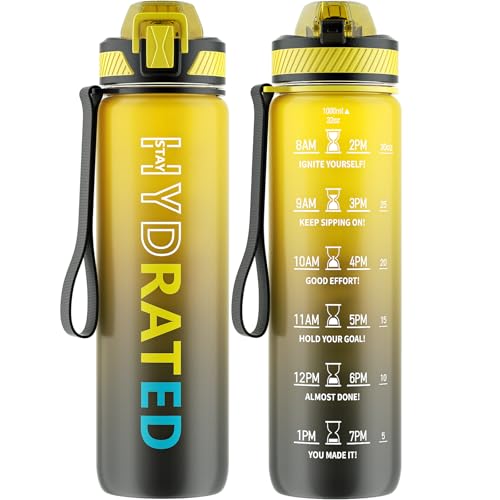 QLUR Water Bottle with Straw, 32oz Motivational Water Bottles with Time Marker to Drink, Tritan BPA Free, 1L Sports Water Bottle with Carry Strap LeakProof for Women Gym Fitness Outdoor (1 Pack) - Image 1