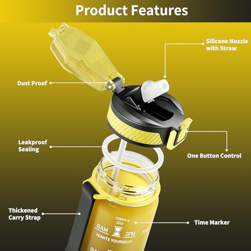 QLUR Water Bottle with Straw, 32oz Motivational Water Bottles with Time Marker to Drink, Tritan BPA Free, 1L Sports Water Bottle with Carry Strap LeakProof for Women Gym Fitness Outdoor (1 Pack) - Image 5