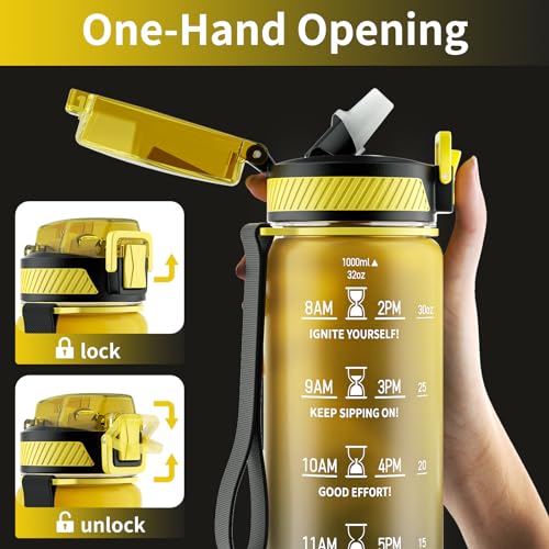 QLUR Water Bottle with Straw, 32oz Motivational Water Bottles with Time Marker to Drink, Tritan BPA Free, 1L Sports Water Bottle with Carry Strap LeakProof for Women Gym Fitness Outdoor (1 Pack) - Image 3