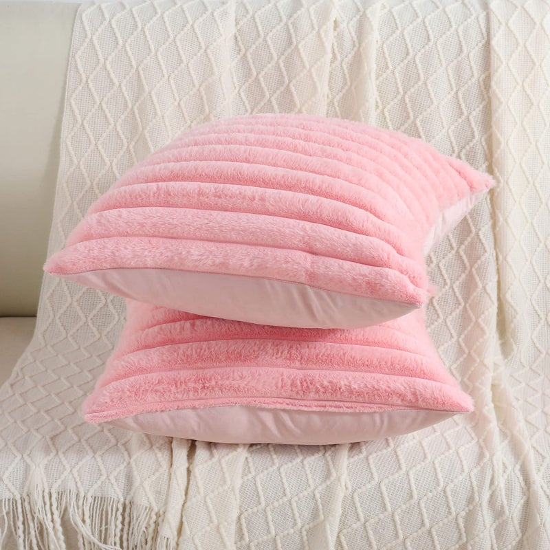 FUTEI PINK PINK مخططة تزيين وسادة الأغطية 26 × 26 بوصة مجموعة من 2 ربيع مربع الأريكة الأريكة يورو وسادة شمس ناعمة مريحة فو فرو ومخمل الظهر ديكور المنزل الحديثة للسرير - Image 5