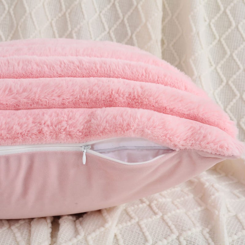 FUTEI PINK PINK مخططة تزيين وسادة الأغطية 26 × 26 بوصة مجموعة من 2 ربيع مربع الأريكة الأريكة يورو وسادة شمس ناعمة مريحة فو فرو ومخمل الظهر ديكور المنزل الحديثة للسرير - Image 3