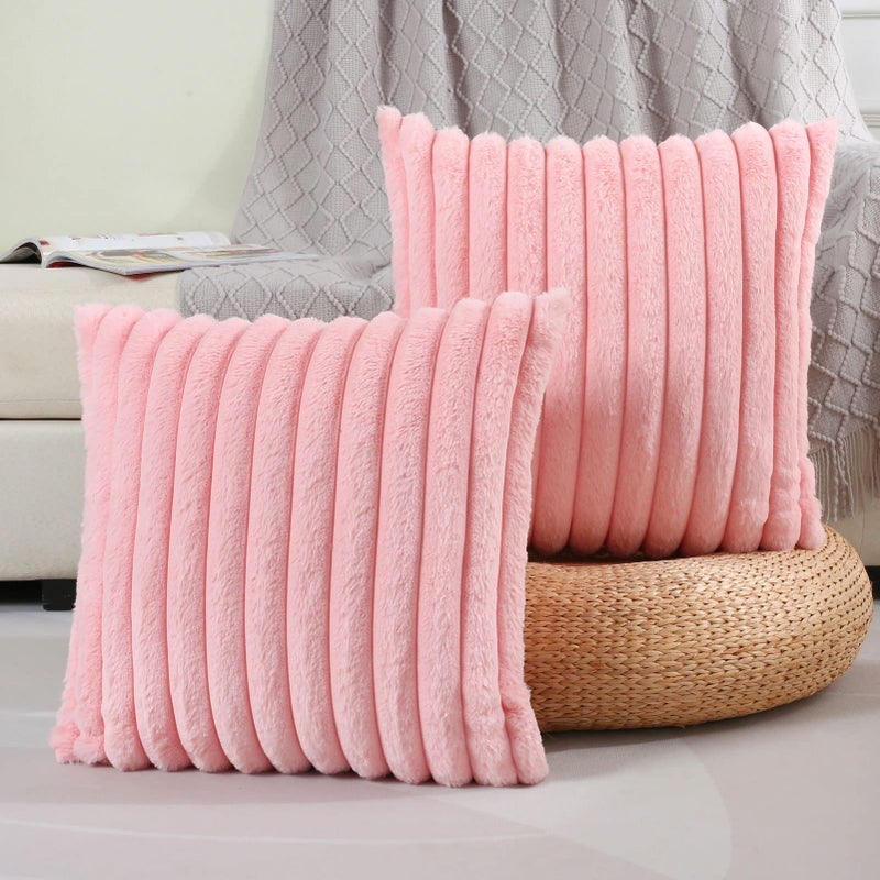 FUTEI PINK PINK مخططة تزيين وسادة الأغطية 26 × 26 بوصة مجموعة من 2 ربيع مربع الأريكة الأريكة يورو وسادة شمس ناعمة مريحة فو فرو ومخمل الظهر ديكور المنزل الحديثة للسرير - Image 1