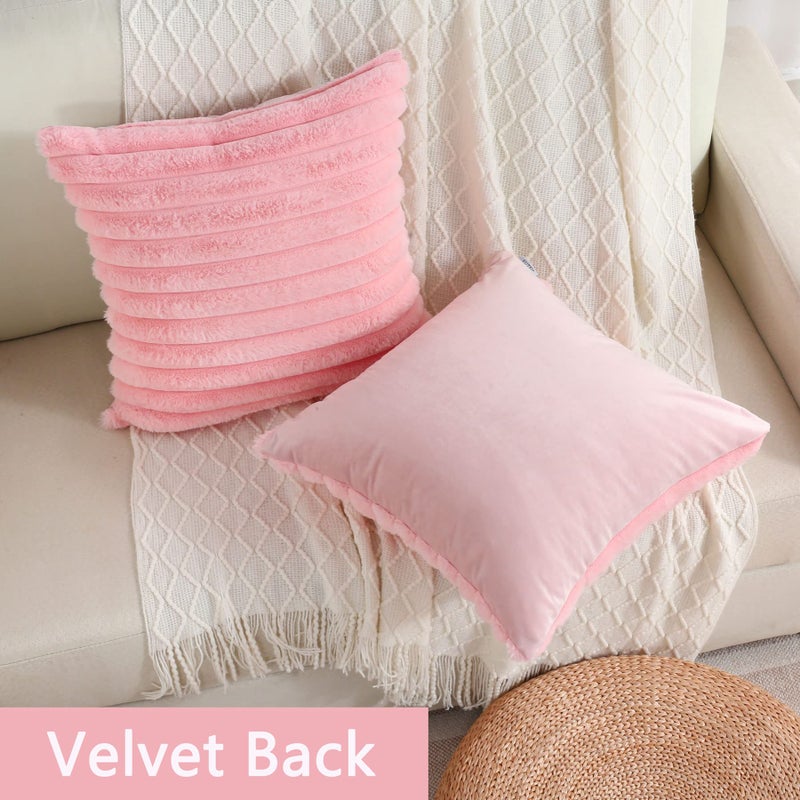 FUTEI PINK PINK مخططة تزيين وسادة الأغطية 26 × 26 بوصة مجموعة من 2 ربيع مربع الأريكة الأريكة يورو وسادة شمس ناعمة مريحة فو فرو ومخمل الظهر ديكور المنزل الحديثة للسرير - Image 2