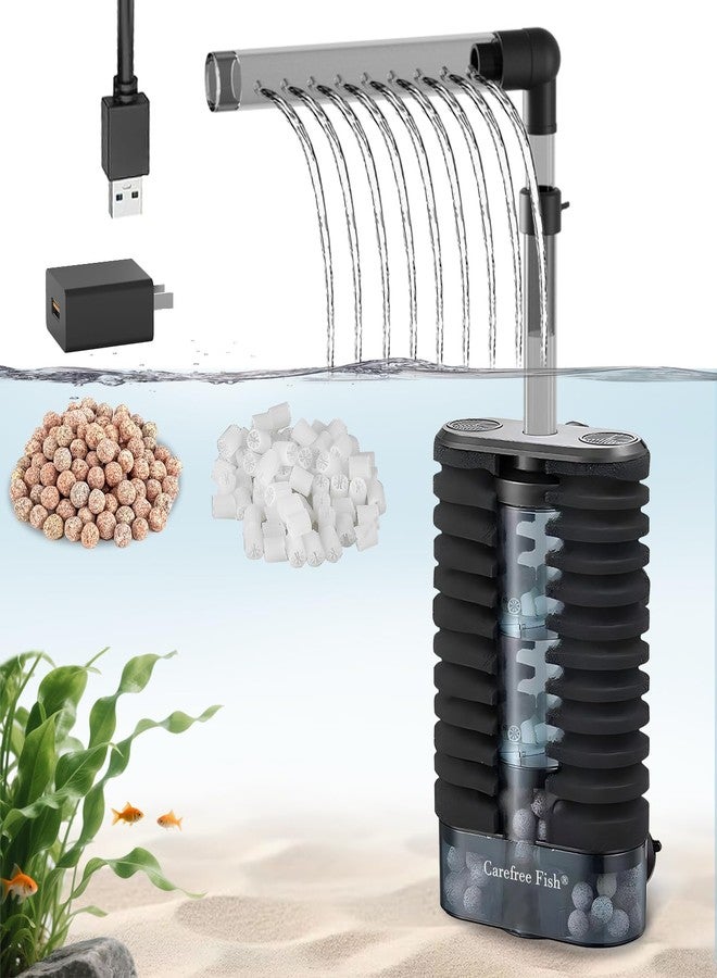 Carefree Fish فلتر إسفنجي هادئ يعمل بمنفذ USB لأحواض الأسماك من كيرفري، مناسب لأحواض أسماك سعة 20-60 جالون، للمياه المالحة والعذبة، مزود بكرات ترشيح بيولوجية وأسرّة مميعة. - Image 1