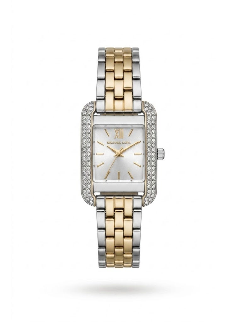 Michael Emery Square Women's Analog Watch Two-Tone Silver Gold with Crystal Pavé Bezel