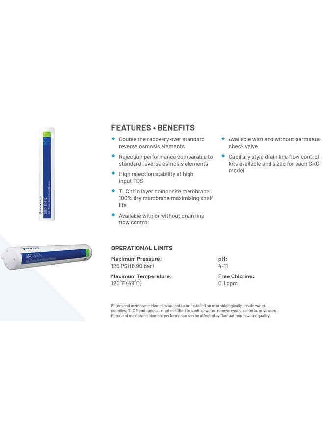 غشاء التناضح العكسي عالي الكفاءة Pentair Pentek GRO-75EN، غشاء بديل مُغلف بتقنية TLC مع صمام فحص نفاذ، تحكم في تدفق خط التصريف بمعدل 200 مل/دقيقة، معدل تدفق 75 جالون/يوم