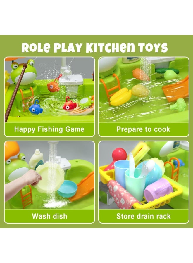 LBMT Kitchen Pretend Play Sink with Running Water,Kids Role Play Dishwasher Toy with Automatic Water Cycle System,Sink Fishing Game Toy with Food Kitchen Accessories,Kids Role Play Dress Up Dishwasher Toys for Boys and Girls Present - Image 2