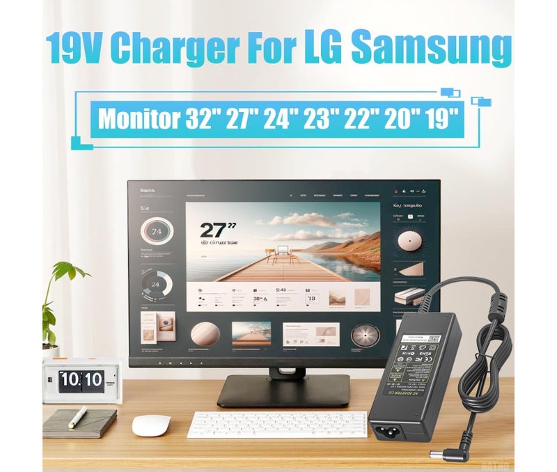 80W 19V AC Adapter for LG Monitor Power Cord LG Electronics 32" 27" 24" 19" 20" 22" LCD LED HD TV 27GL83A-B 27MN60T-W 27ML600M, for Samsung TV Monitor 32" UN32J4000 UN32J4000AF UN32J5003 Charger - Image 2