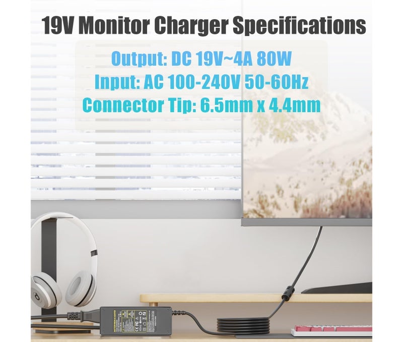 80W 19V AC Adapter for LG Monitor Power Cord LG Electronics 32" 27" 24" 19" 20" 22" LCD LED HD TV 27GL83A-B 27MN60T-W 27ML600M, for Samsung TV Monitor 32" UN32J4000 UN32J4000AF UN32J5003 Charger - Image 4