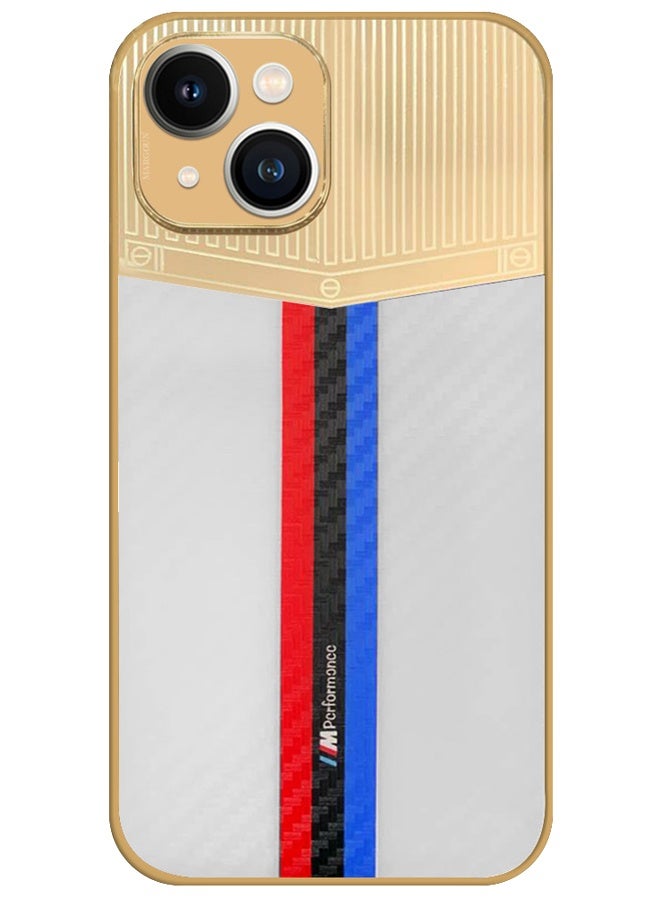 CATANES Luxury Gold Plated Case for iPhone 13 - Hybrid Electroplated Frame Back Cover with Carbon Fiber Texture - Racing Stripe Pattern White - Image 1