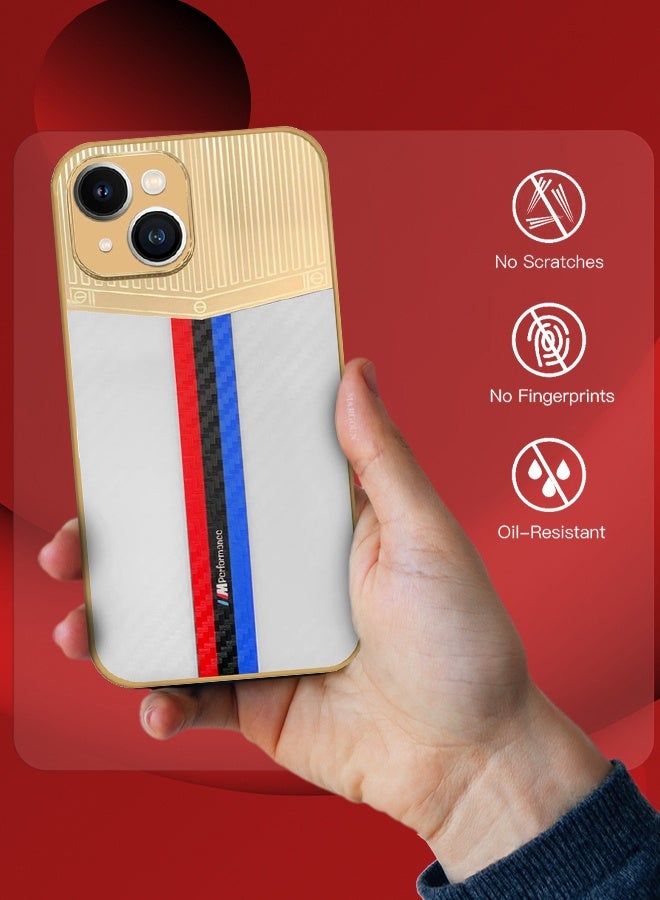 CATANES Luxury Gold Plated Case for iPhone 13 - Hybrid Electroplated Frame Back Cover with Carbon Fiber Texture - Racing Stripe Pattern White - Image 2