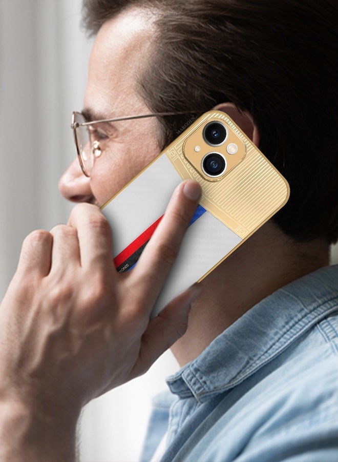 CATANES Luxury Gold Plated Case for iPhone 13 - Hybrid Electroplated Frame Back Cover with Carbon Fiber Texture - Racing Stripe Pattern White - Image 3