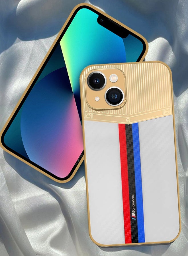 CATANES Luxury Gold Plated Case for iPhone 13 - Hybrid Electroplated Frame Back Cover with Carbon Fiber Texture - Racing Stripe Pattern White - Image 4