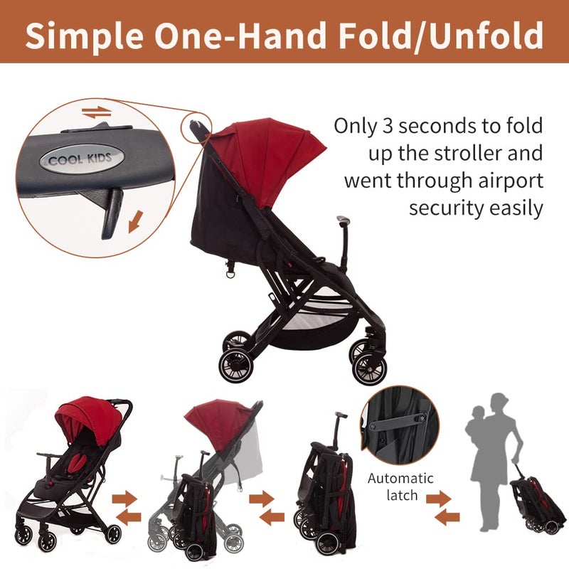 COOL KIDS Portable Stroller with Automatic Fold,Lightweight Umbrella Stroller with Pop Out Sun Canopy for Travel(red) - Image 3
