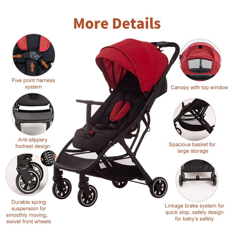 COOL KIDS Portable Stroller with Automatic Fold,Lightweight Umbrella Stroller with Pop Out Sun Canopy for Travel(red) - Image 5