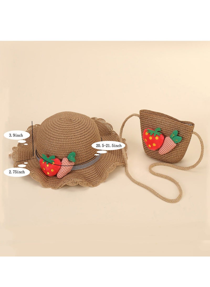 Little Girl Kids Summer Straw Hat Wide Brim Floppy, Beach Visor Floppy Hats with Foldable, Sun Protection Hats, and Mini C ute Purse Sets with fruit Decoration for Holiday Outdoor Activities, Khaki  - Image 5