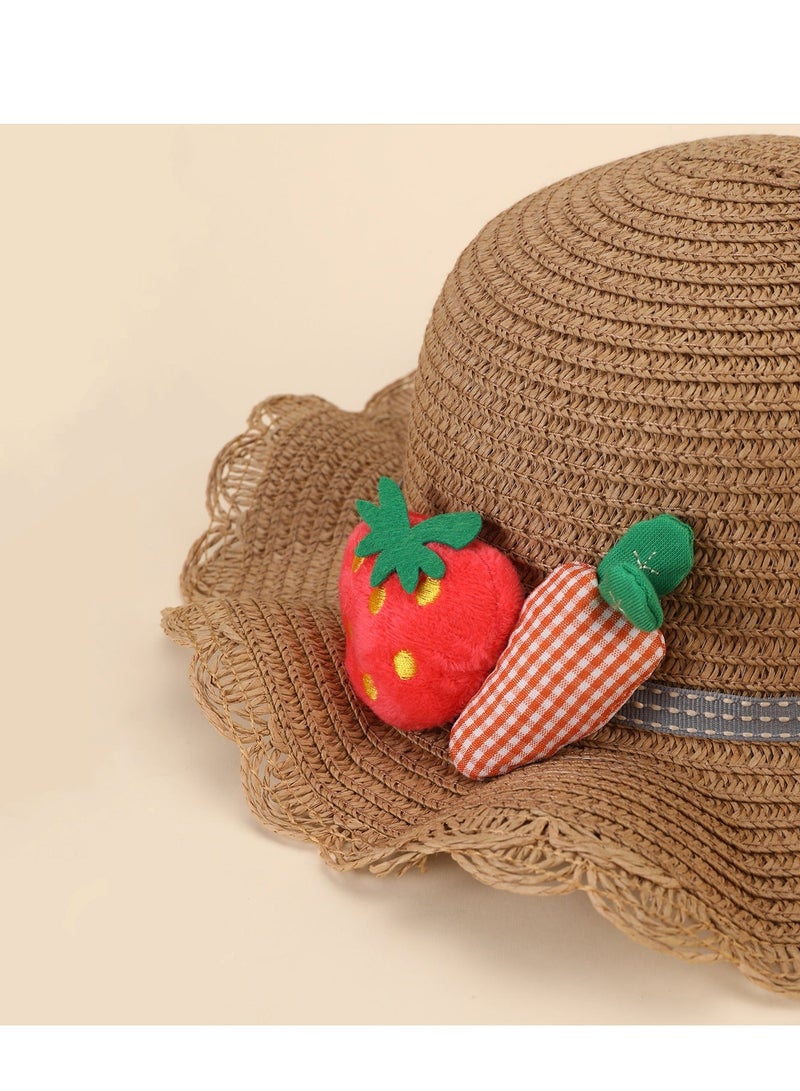 Little Girl Kids Summer Straw Hat Wide Brim Floppy, Beach Visor Floppy Hats with Foldable, Sun Protection Hats, and Mini C ute Purse Sets with fruit Decoration for Holiday Outdoor Activities, Khaki  - Image 4