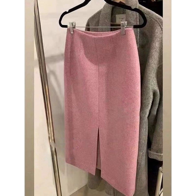 Pink Woolen Skirt Womens Autumn and Winter European-made Small Back Split A- Line Skirt Thickened Sweater One-step Long Skirt Pink