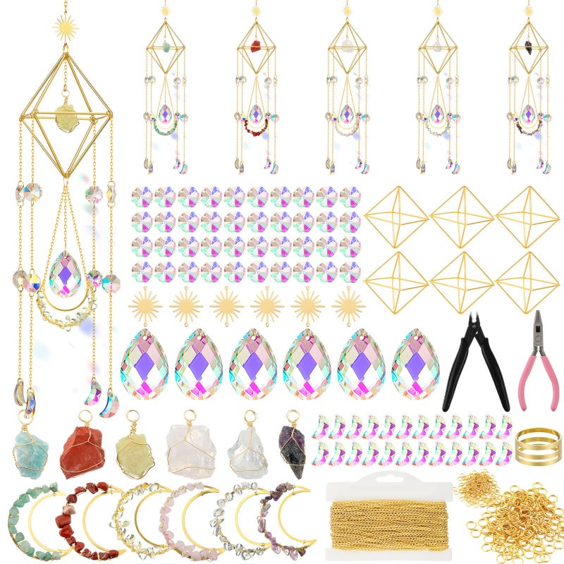 Knitgrip 6 Set 508 Pcs DIY Crystal Suncatcher Making Kits Craft with Rainbow Pendants Chains Gemstone Sun Catcher Hanging Colorful Crystal Prisms Windows Decor Wind Chimes with Chain Pendant Decor - Image 2
