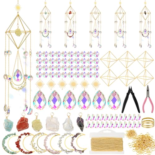Knitgrip 6 Set 508 Pcs DIY Crystal Suncatcher Making Kits Craft with Rainbow Pendants Chains Gemstone Sun Catcher Hanging Colorful Crystal Prisms Windows Decor Wind Chimes with Chain Pendant Decor - Image 1