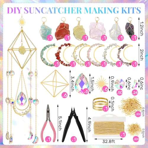 Knitgrip 6 Set 508 Pcs DIY Crystal Suncatcher Making Kits Craft with Rainbow Pendants Chains Gemstone Sun Catcher Hanging Colorful Crystal Prisms Windows Decor Wind Chimes with Chain Pendant Decor - Image 3