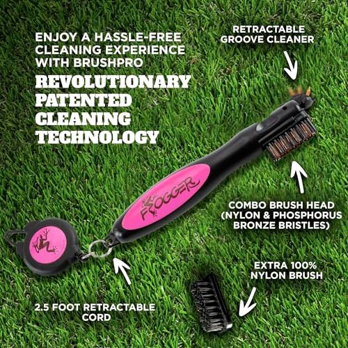 Frogger BrushPro Golf Club Cleaner with Ergonomic Grip and 2.5 ft. Retractable Cord, Pink - Sturdy Golf Club Brush and Groove Cleaner for Golfers - Image 2