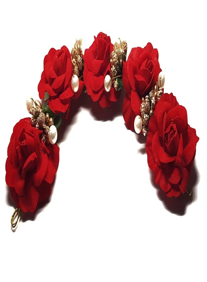 ANVIK Fancy Party Bridal Wedding Fabric/artificial Rose Flower Bun Juda Hair Gajra for Women Bride Floral Flower Hair Accessory for women Veni for hair (Red Colour) - Image 1