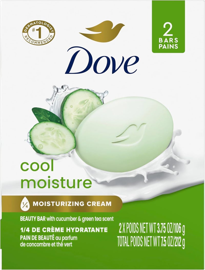 Dove Cool Moisture Beauty Bar Soap with Cucumber & Green Tea Scent - 2 Bars (3.75 oz each) for Refreshing Skin - Image 1