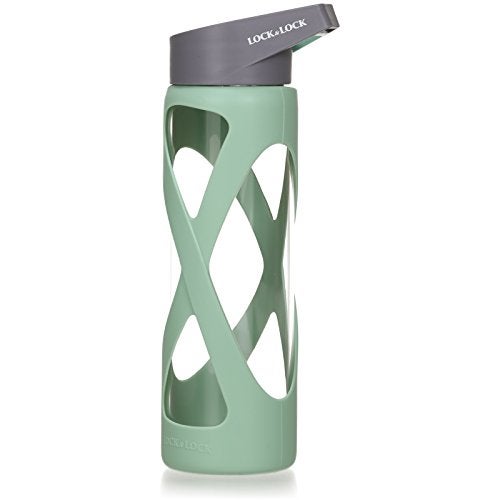 LocknLock X Shape Silicone Heat Resistant Borosilicate Glass Sports Water Bottle, 17 oz, Green - Image 1