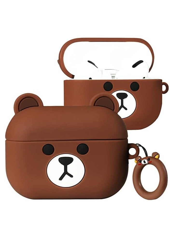Silicone Shockproof Protective Case Cover for AirPods Pro Cartoon Bear Design Brown Color, Shock Resistant with Durable Anti-Lost Carabiner to Securely Attach AirPods to Handbags, Suitcases, Pants Keychain Brown - Image 1