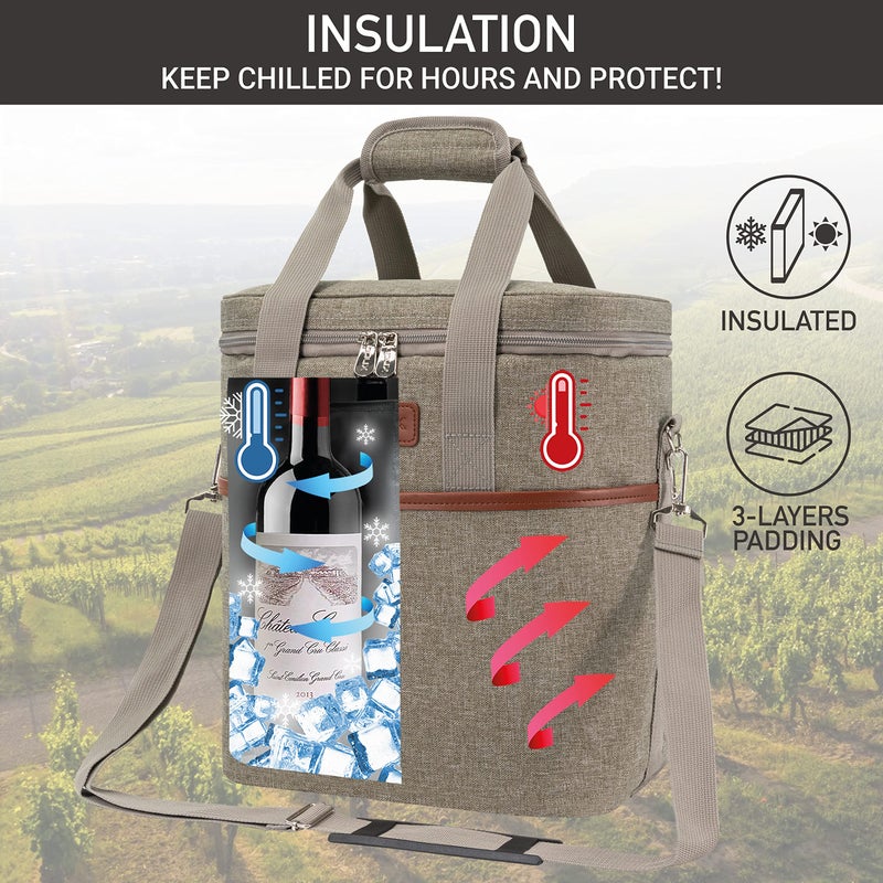 opux 6 Bottle Carrier Tote | Insulated Padded Wine Cooler Bag for Travel. Picnic, BYOB | Portable Leakproof Wine Tote Bag for Dinner, Party, Christmas, Wine Gift for Women, Men (Heather Taupe) - Image 2