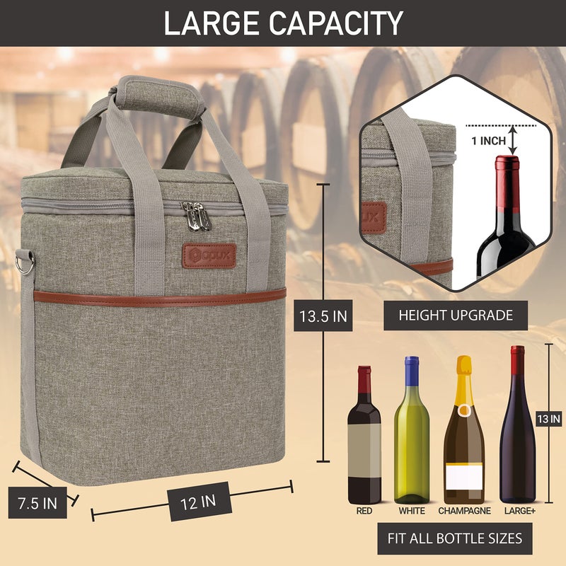 opux 6 Bottle Carrier Tote | Insulated Padded Wine Cooler Bag for Travel. Picnic, BYOB | Portable Leakproof Wine Tote Bag for Dinner, Party, Christmas, Wine Gift for Women, Men (Heather Taupe) - Image 3