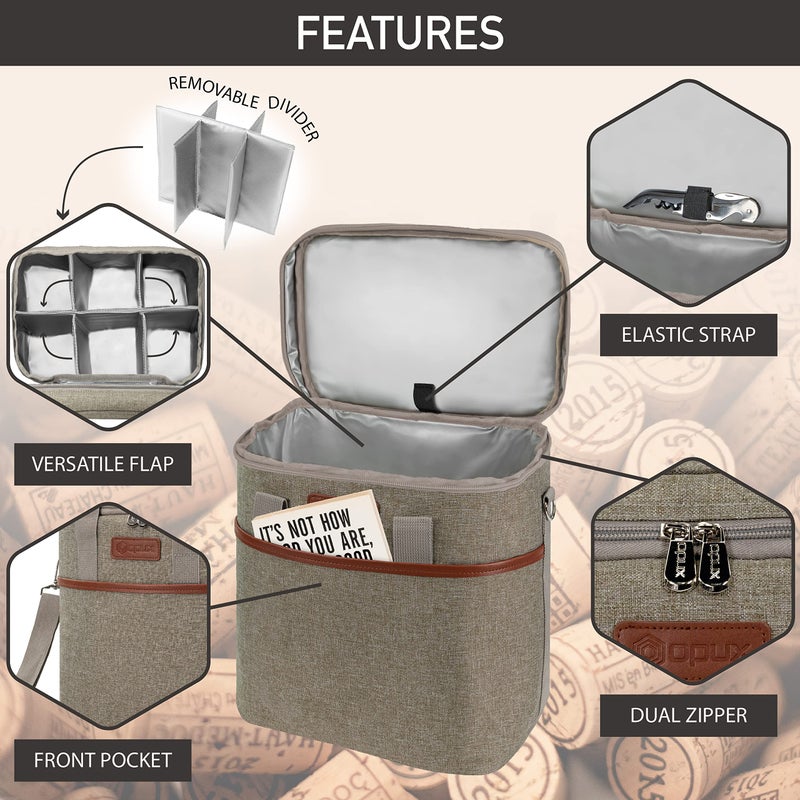 opux 6 Bottle Carrier Tote | Insulated Padded Wine Cooler Bag for Travel. Picnic, BYOB | Portable Leakproof Wine Tote Bag for Dinner, Party, Christmas, Wine Gift for Women, Men (Heather Taupe) - Image 4