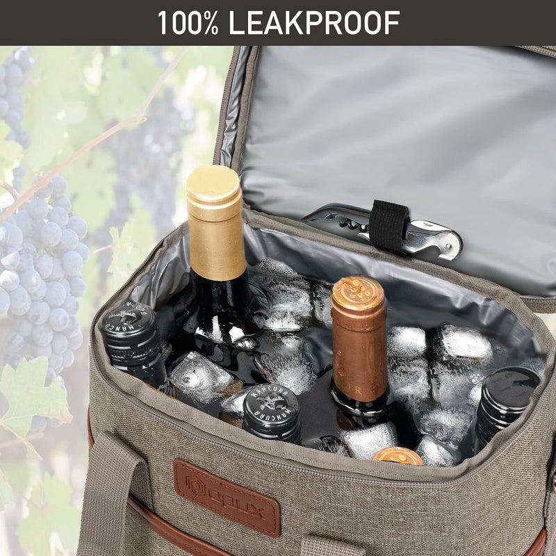 opux 6 Bottle Carrier Tote | Insulated Padded Wine Cooler Bag for Travel. Picnic, BYOB | Portable Leakproof Wine Tote Bag for Dinner, Party, Christmas, Wine Gift for Women, Men (Heather Taupe) - Image 5