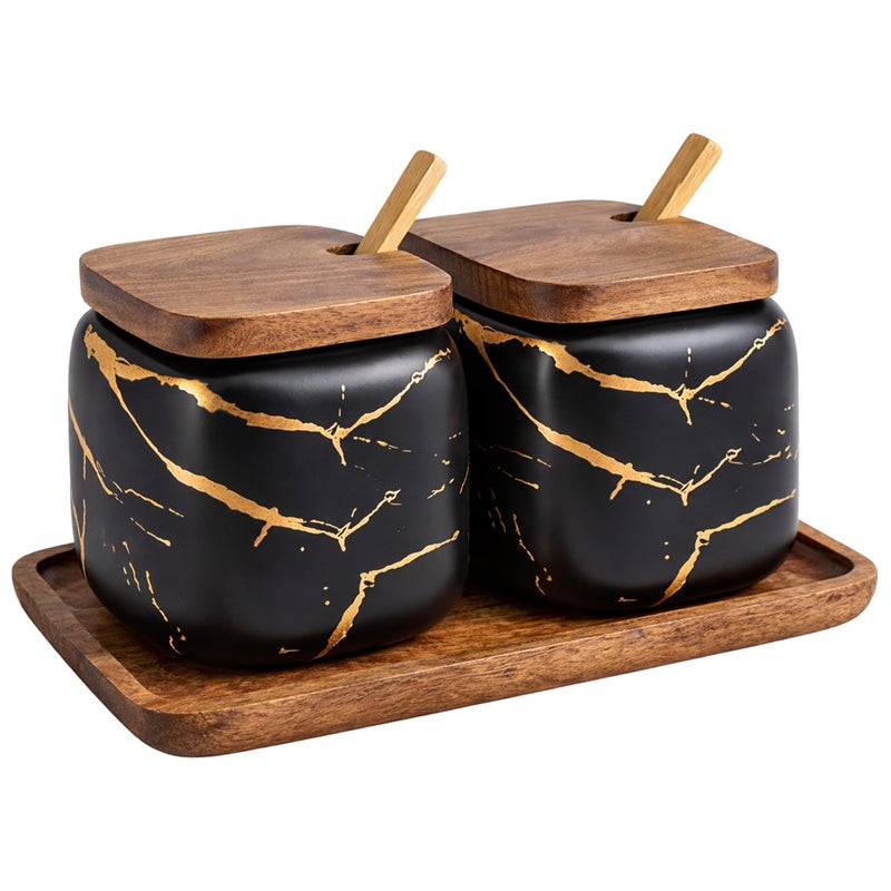 JFFLYIT 2 Sets of Marble Ceramic Sugar Bowl Ceramic Seasoning Jars with Wooden Lid and Wooden Spoon(Black) - Image 1