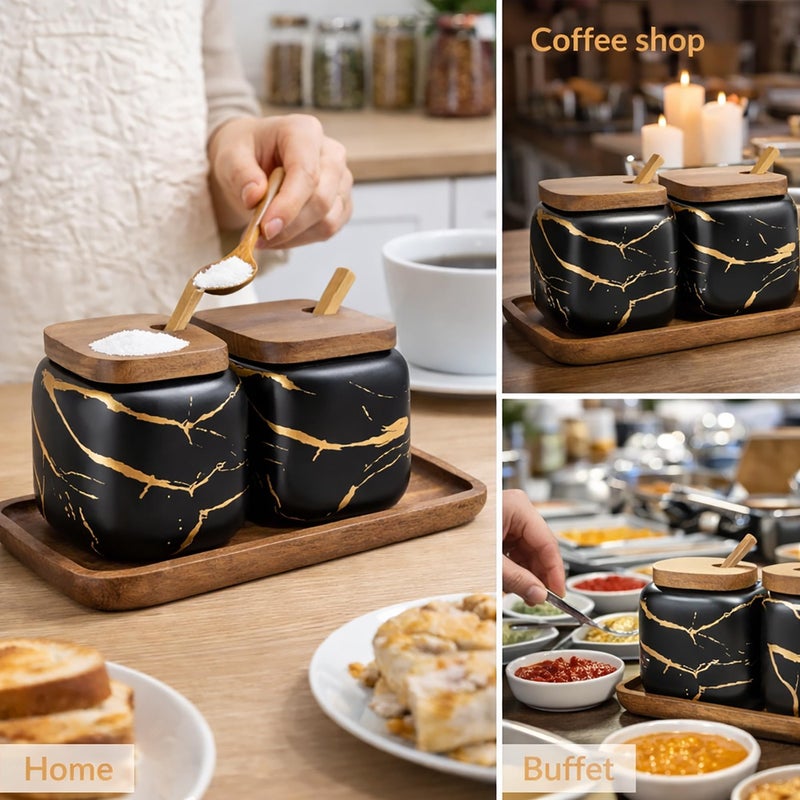 JFFLYIT 2 Sets of Marble Ceramic Sugar Bowl Ceramic Seasoning Jars with Wooden Lid and Wooden Spoon(Black) - Image 3