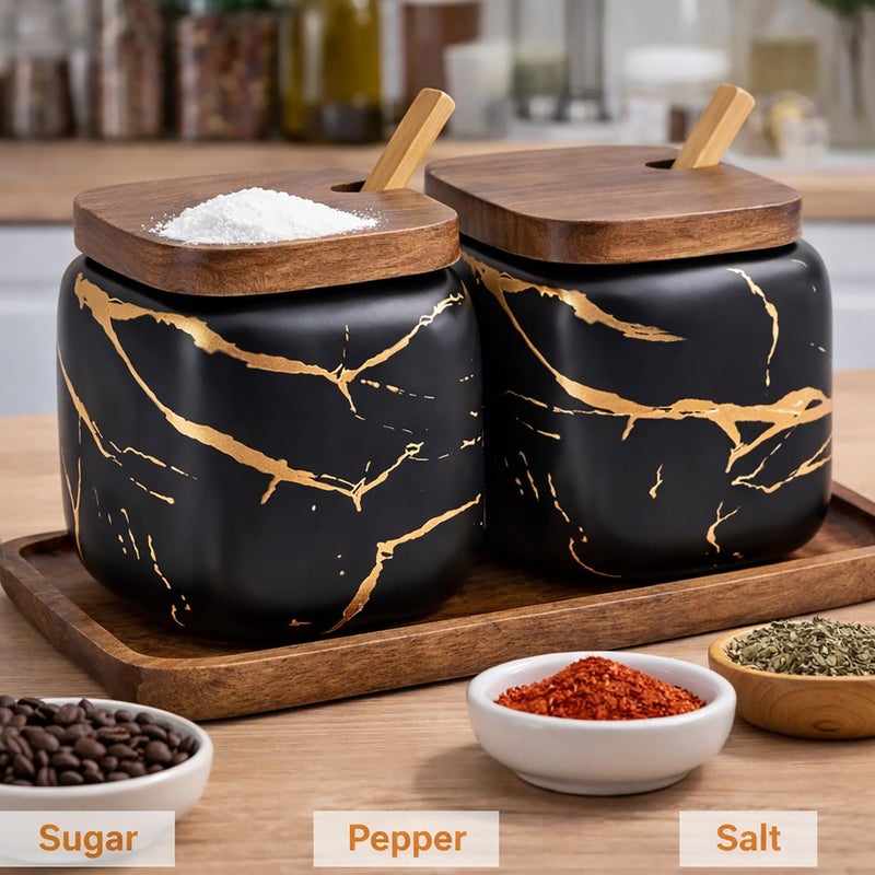 JFFLYIT 2 Sets of Marble Ceramic Sugar Bowl Ceramic Seasoning Jars with Wooden Lid and Wooden Spoon(Black) - Image 2